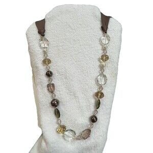 Vintage Glass Necklace Crystal Faceted Round Beaded Brown Ribbon Tie Back Fairy